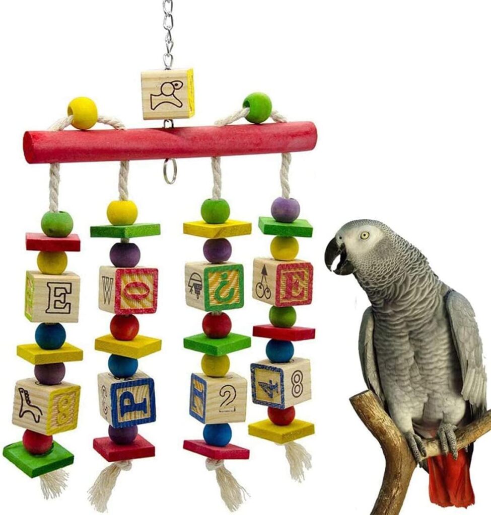 Ancidom Bird Chewing Toys Large Parrot Educational Toys Wooden Cage Hanging Toy for Macaw African Greys Parakeets Cockatiels Conures